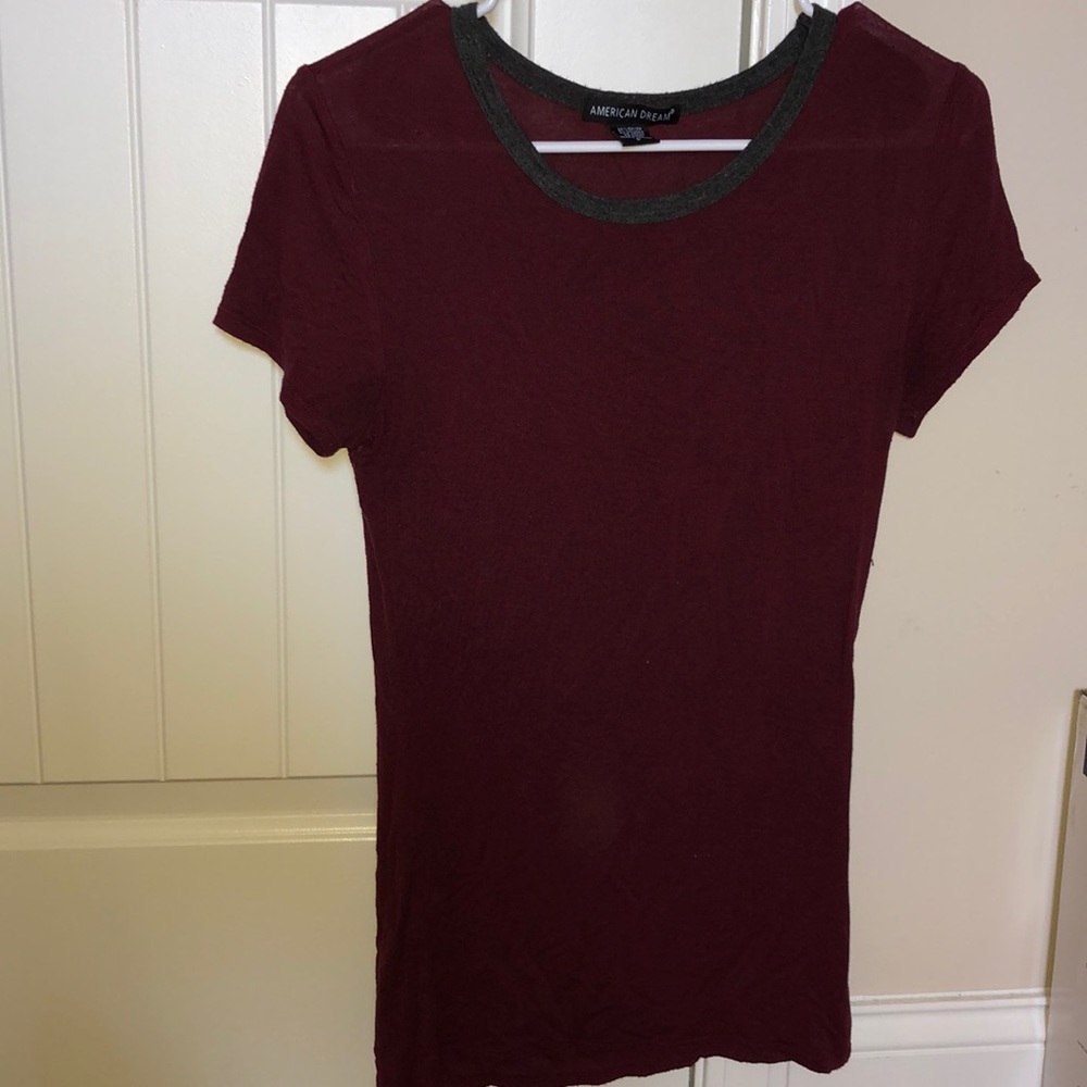Long maroon tee shirt